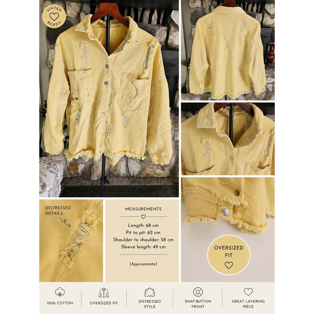 Boutique Butter Yellow Distressed Oversized Denim Shacket Jacket Medium